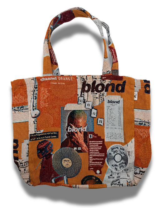 An orange collage tote bag